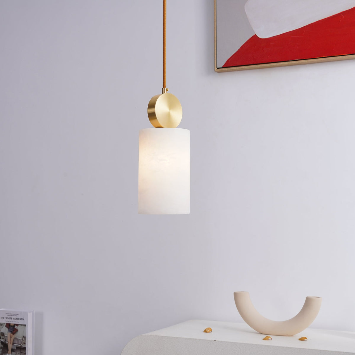 Alabaster pendant light with brass fitting and G9 socket, natural stone shade