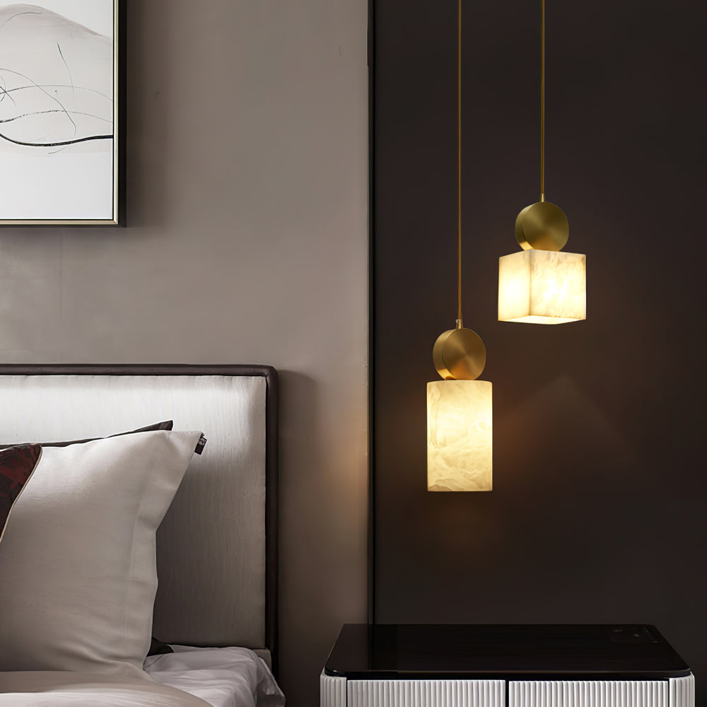 Alabaster pendant light with brass fitting and G9 socket, natural stone shade