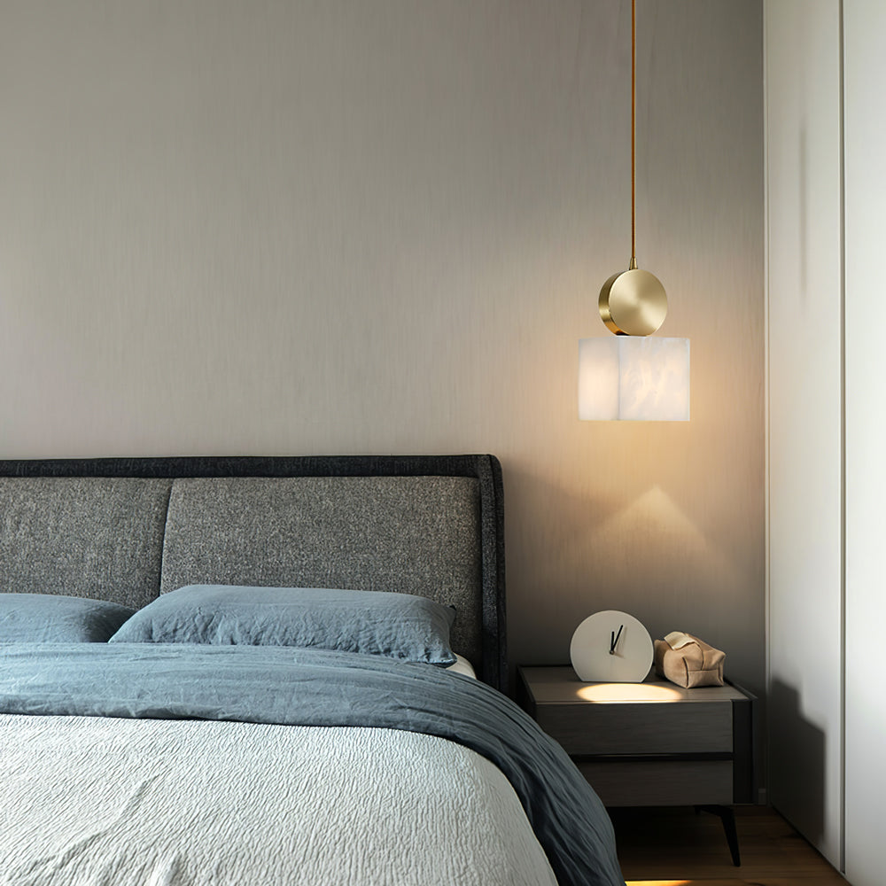 Alabaster pendant light with brass fitting and G9 socket, natural stone shade
