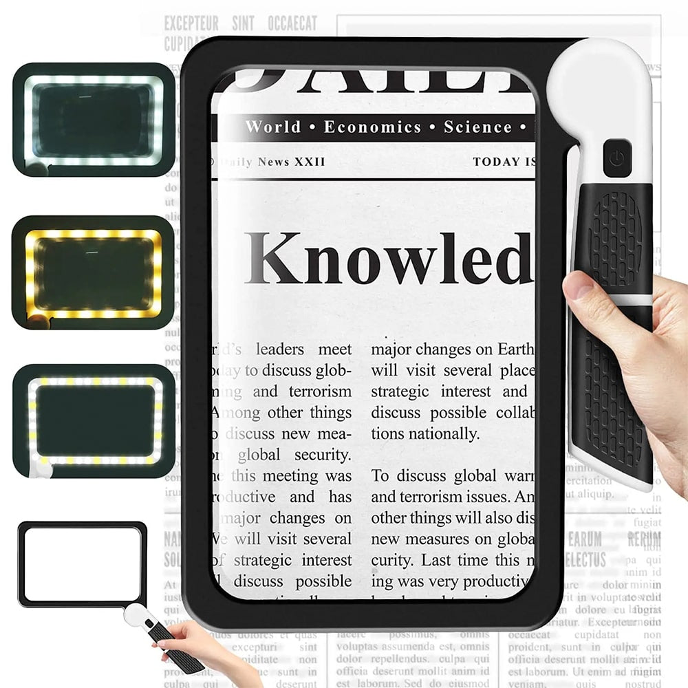 Handheld magnifying glass 5x LED full page with 3 dimmable light modes for reading
