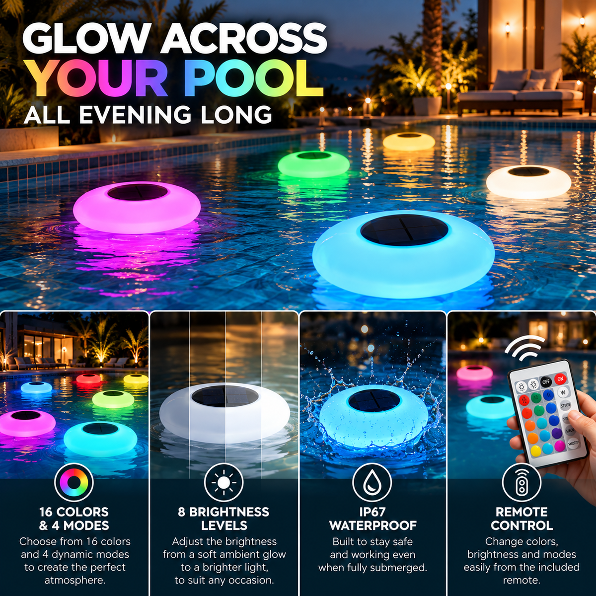 Solarne lampki basenowe pływające RGB LED, wodoodporne, zmieniające kolory