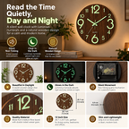 Wall Clock | Silent Non Ticking, Wooden Design, Night Light | 12 Inch