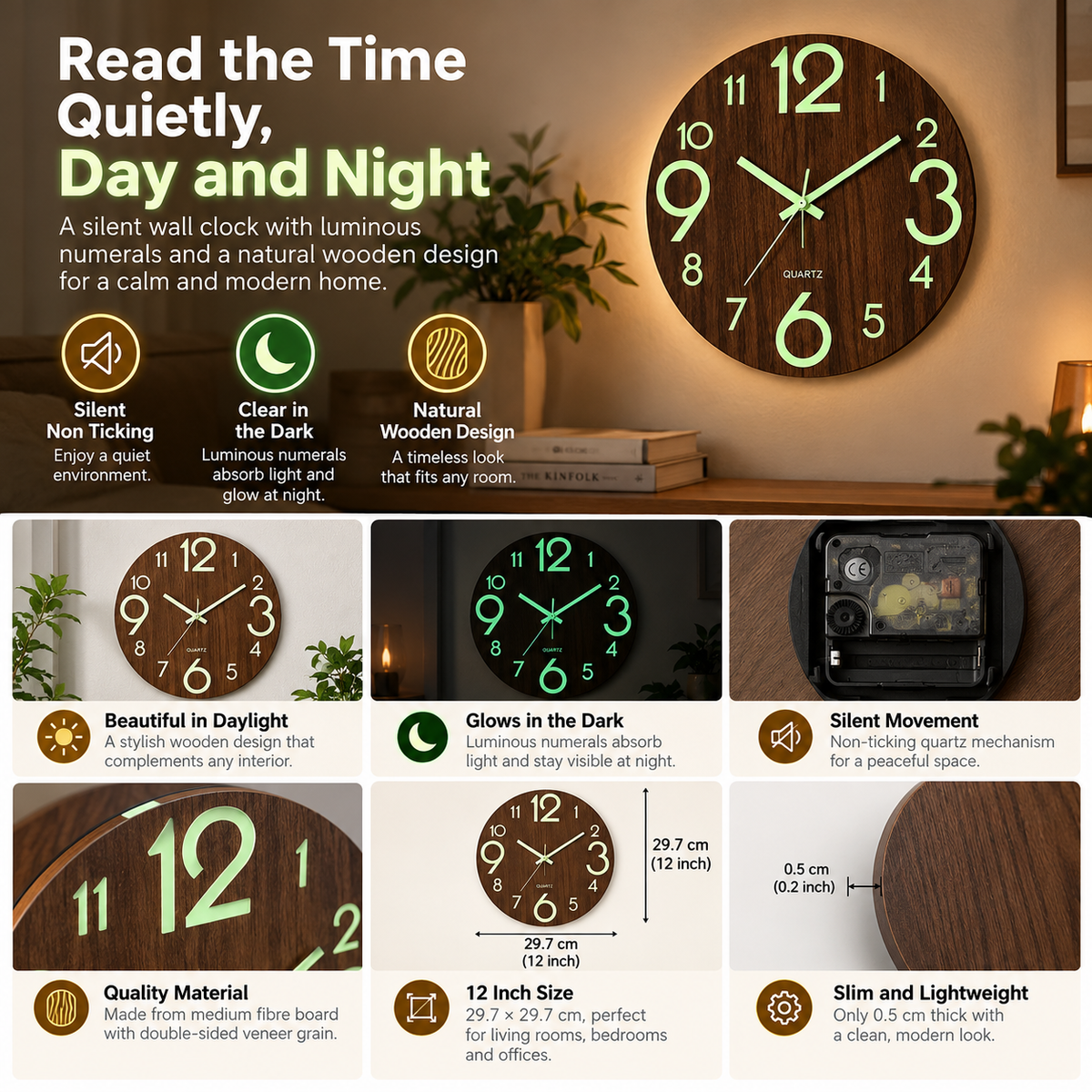 Wall Clock | Silent Non Ticking, Wooden Design, Night Light | 12 Inch