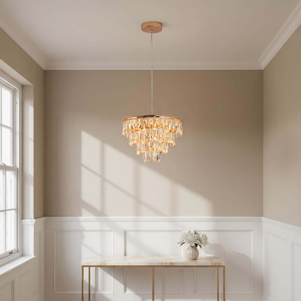Gold crystal mini chandelier 35cm with integrated LED and 3 colour settings