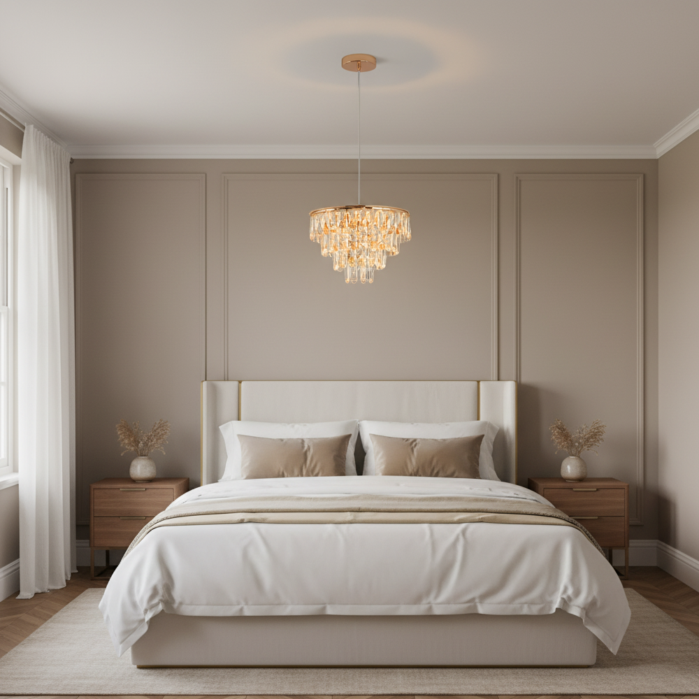 Gold crystal mini chandelier 35cm with integrated LED and 3 colour settings