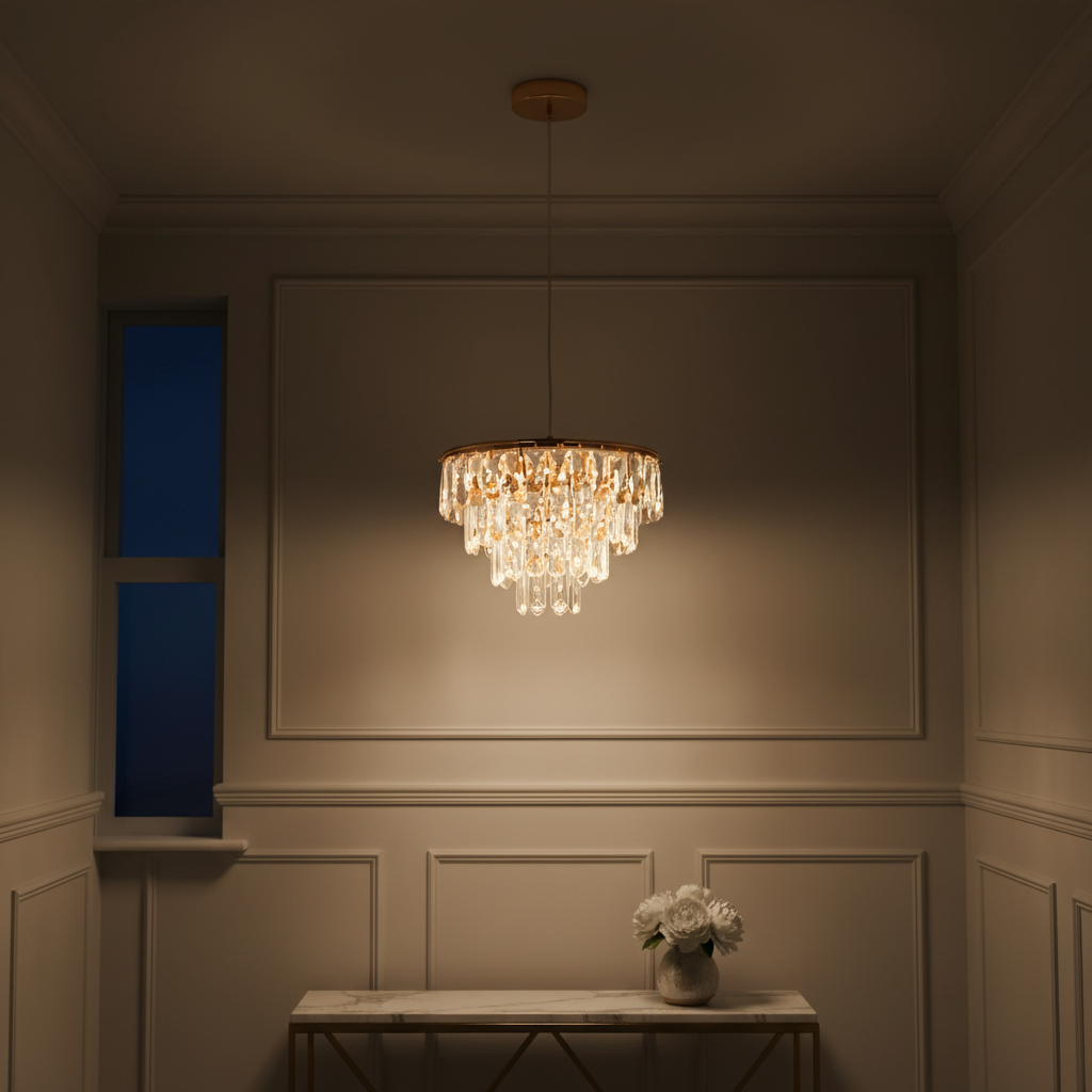Gold crystal mini chandelier 35cm with integrated LED and 3 colour settings