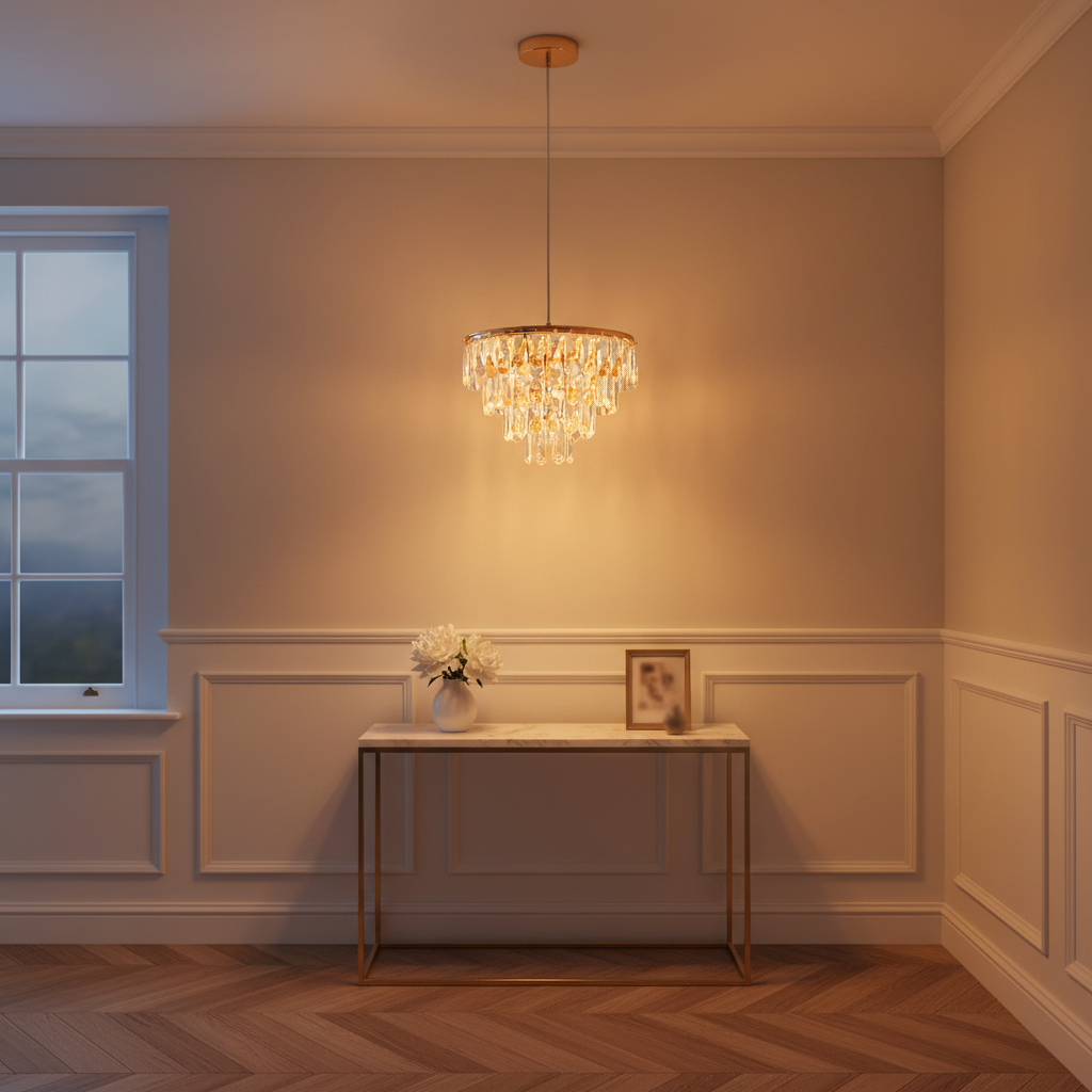 Gold crystal mini chandelier 35cm with integrated LED and 3 colour settings