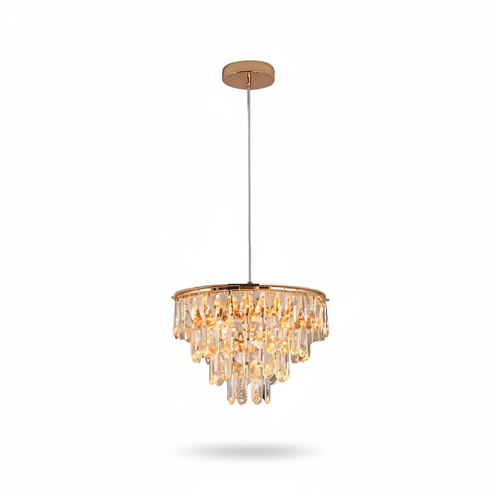Gold crystal mini chandelier 35cm with integrated LED and 3 colour settings