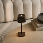 Rechargeable table lamp brown metal, cordless and dimmable oval design