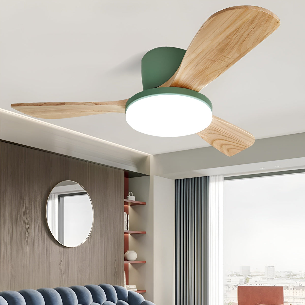 DC ceiling fan with LED light, Nordic wood blades, 6-speed DC motor, warm white 3000K