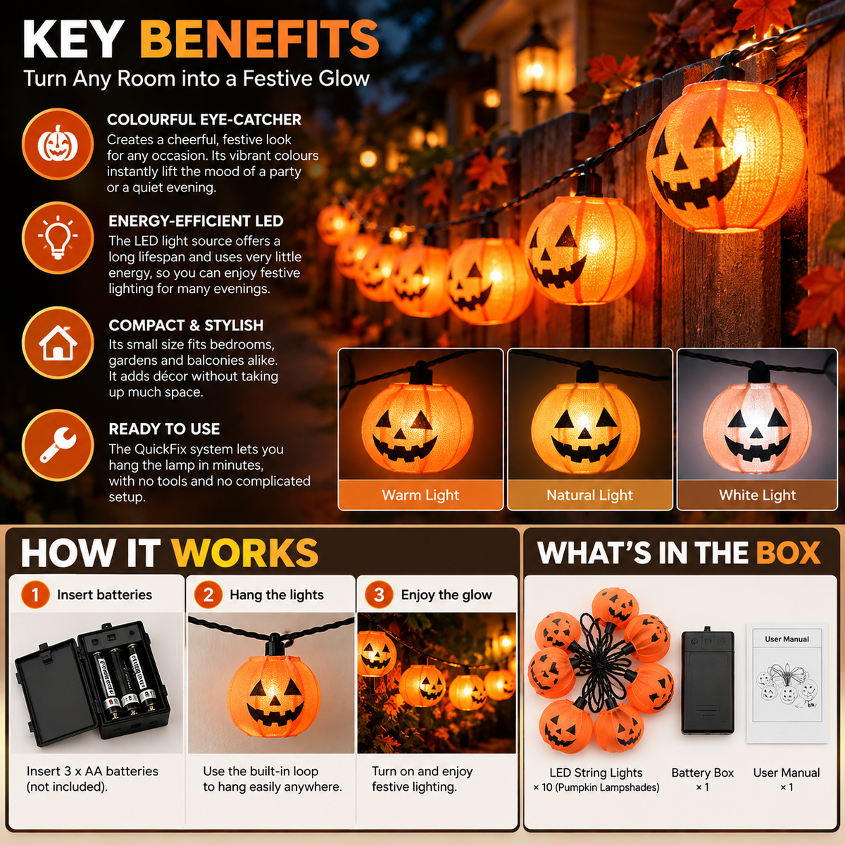 Girlanda świetlna LED, dekoracja na Halloween, tekstylny klosz