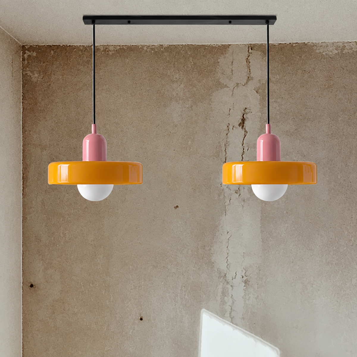 Pendant light Bauhaus with two colored glass shades, adjustable height, modern retro style