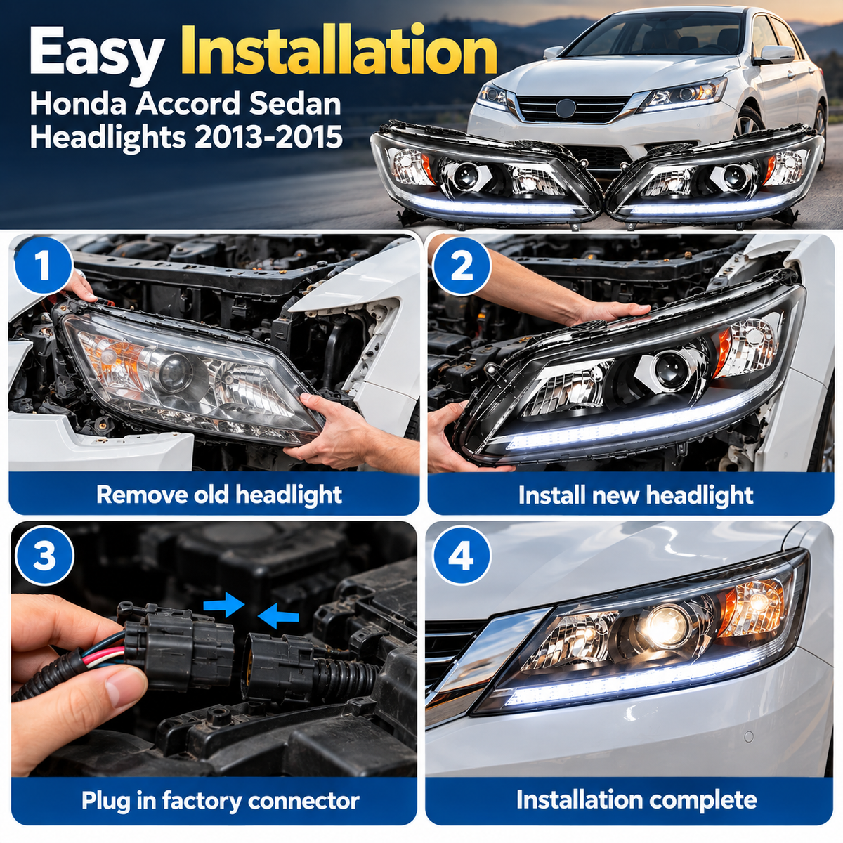 Honda Accord Sedan Headlights 2013-2015 | Halogen + LED DRL, OEM Fit Pair