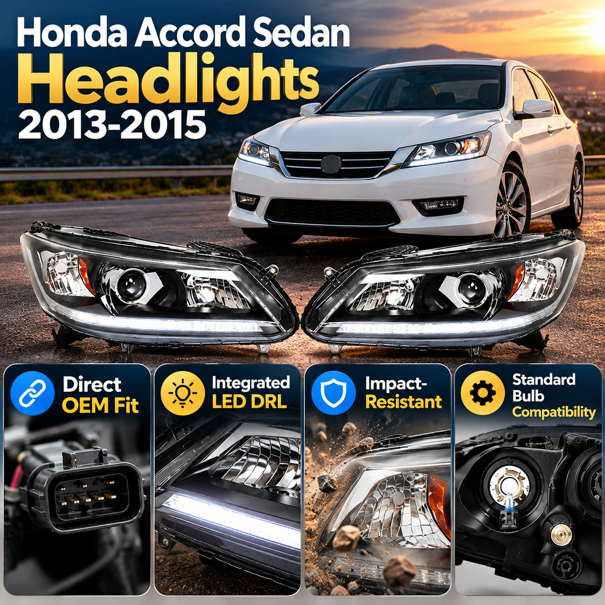 Honda Accord Sedan Headlights 2013-2015 | Halogen + LED DRL, OEM Fit Pair