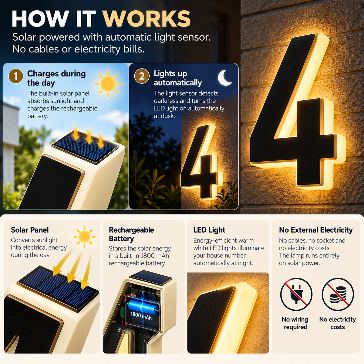 Solarny podświetlany numer domu | Tabliczka adresowa LED, zewnętrzny czujnik światła | 28 cm