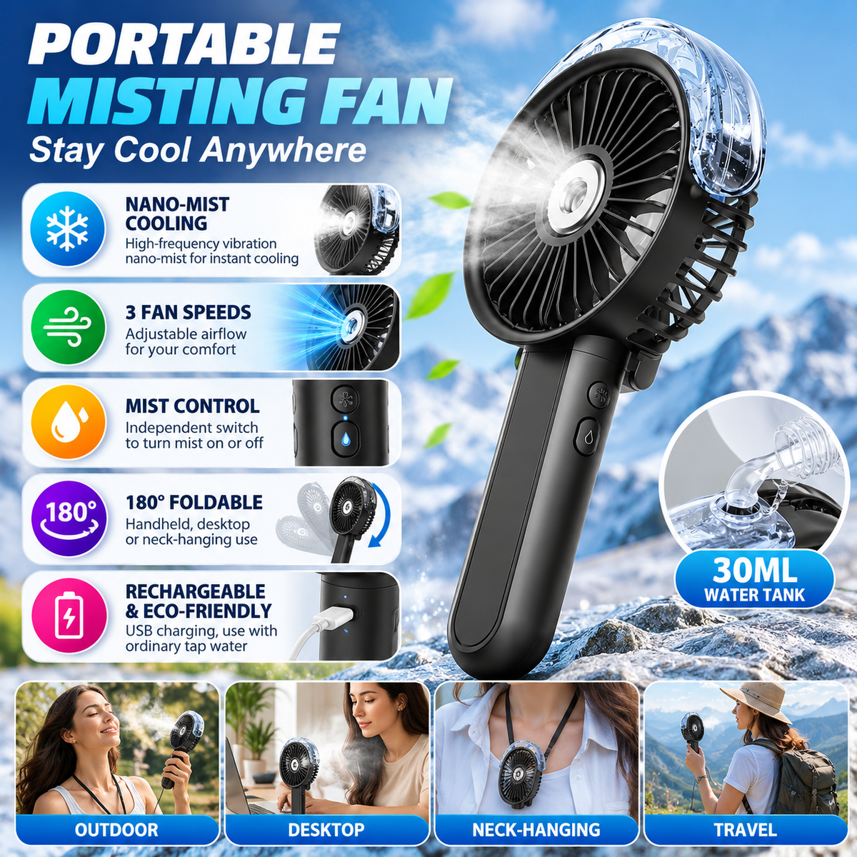 Outdoor Misting Fan | Portable, Foldable 180°, Handheld