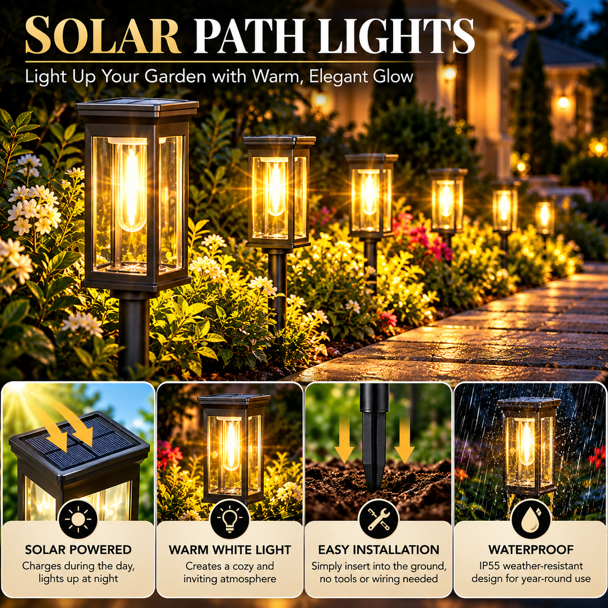 Solar Path Lights | Outdoor Waterproof Lights | Garden Walkway, Lawn Lighting