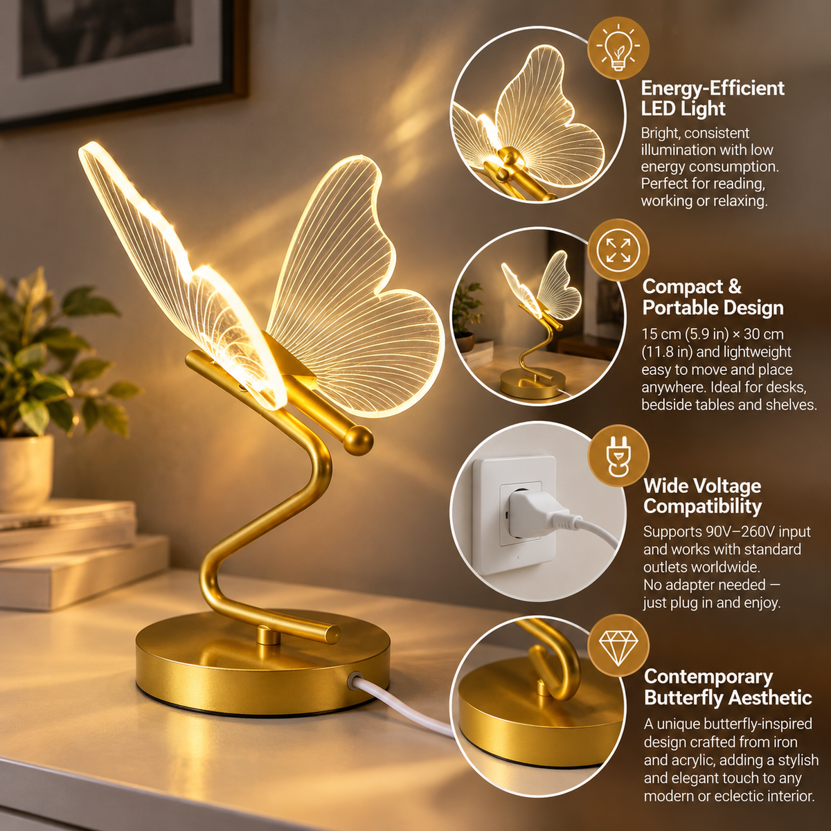 LED Table Lamp | Butterfly Design, Energy-Efficient, Compact