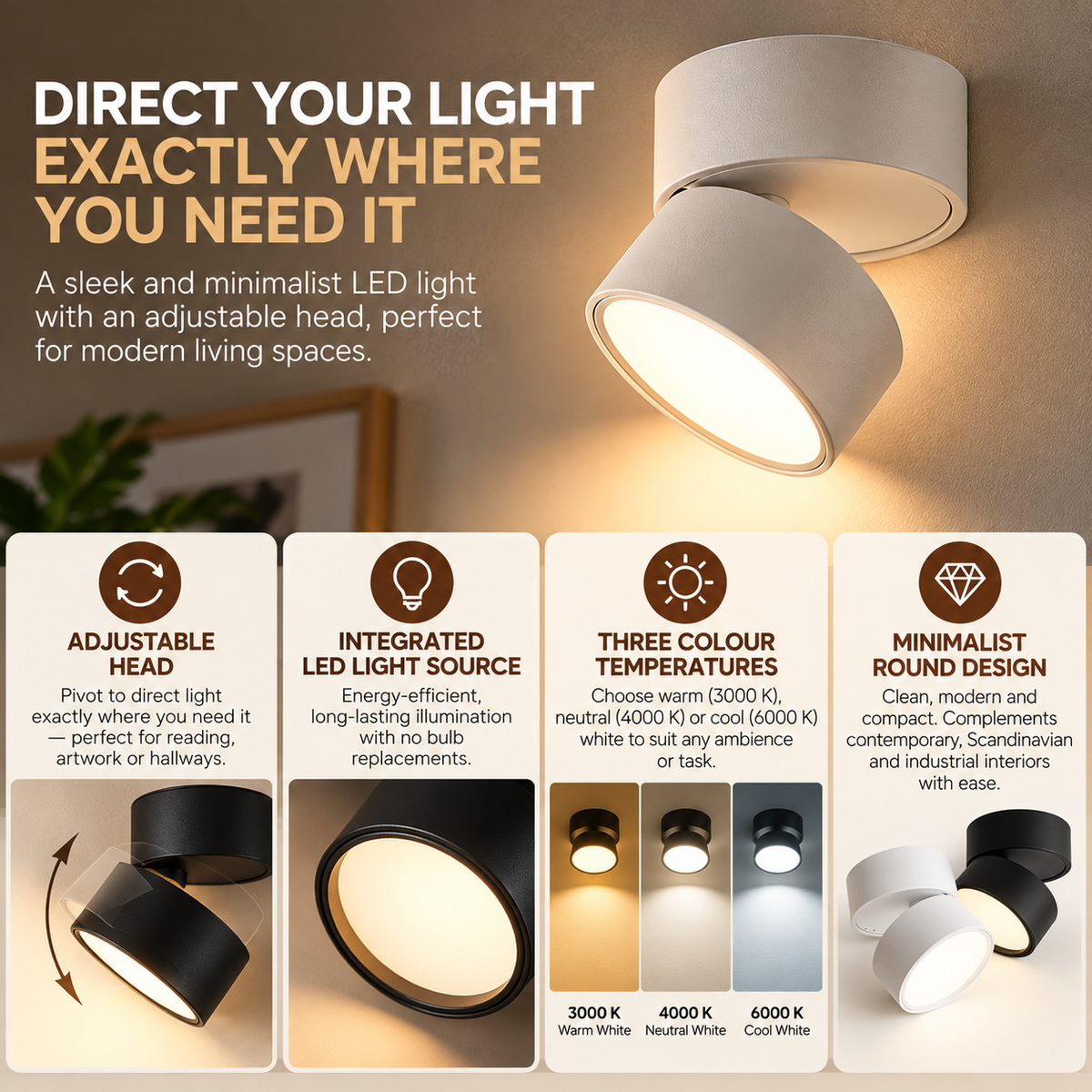 Indoor LED Wall Light | Round Design, Adjustable Head | Minimalist