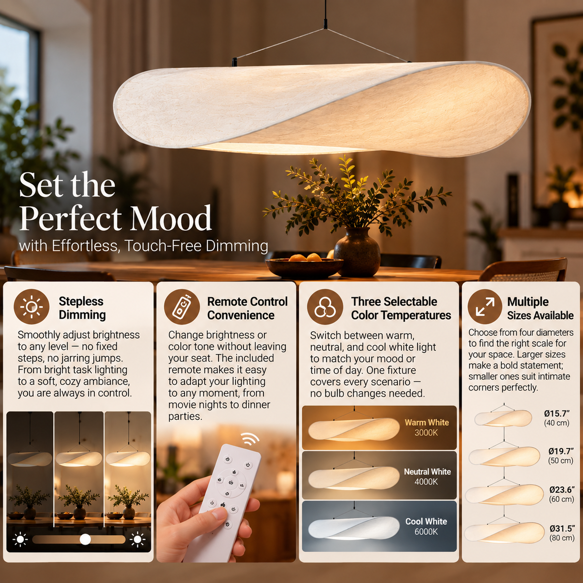 Fabric Pendant Light | Stepless Dimming, Remote Control | Living Room