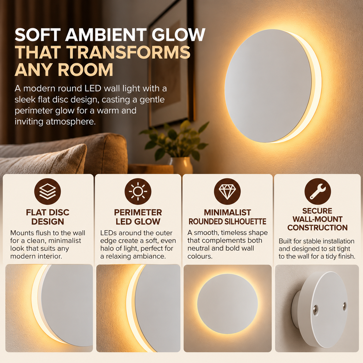 Round LED Wall Light | Modern Flat Disc, Living Room, Indoor