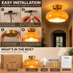 Flush Mount Ceiling Light | Vintage Amber Glass, Brass Canopy | E27