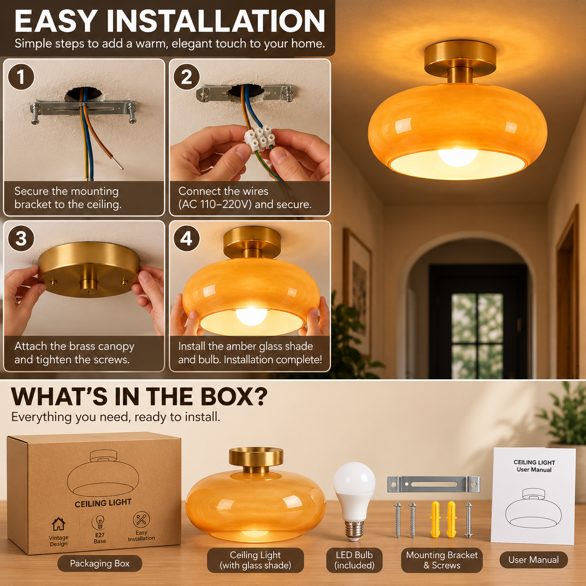 Flush Mount Ceiling Light | Vintage Amber Glass, Brass Canopy | E27