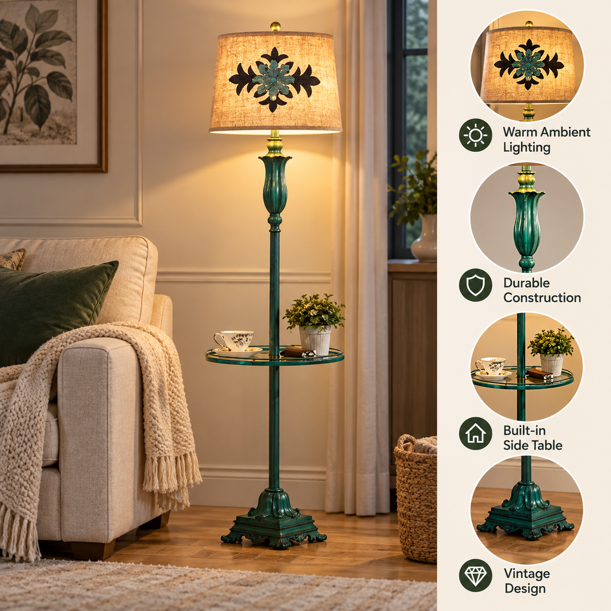 Floor Lamp | Vintage Green, Metal & Resin, Table Style | Living Room