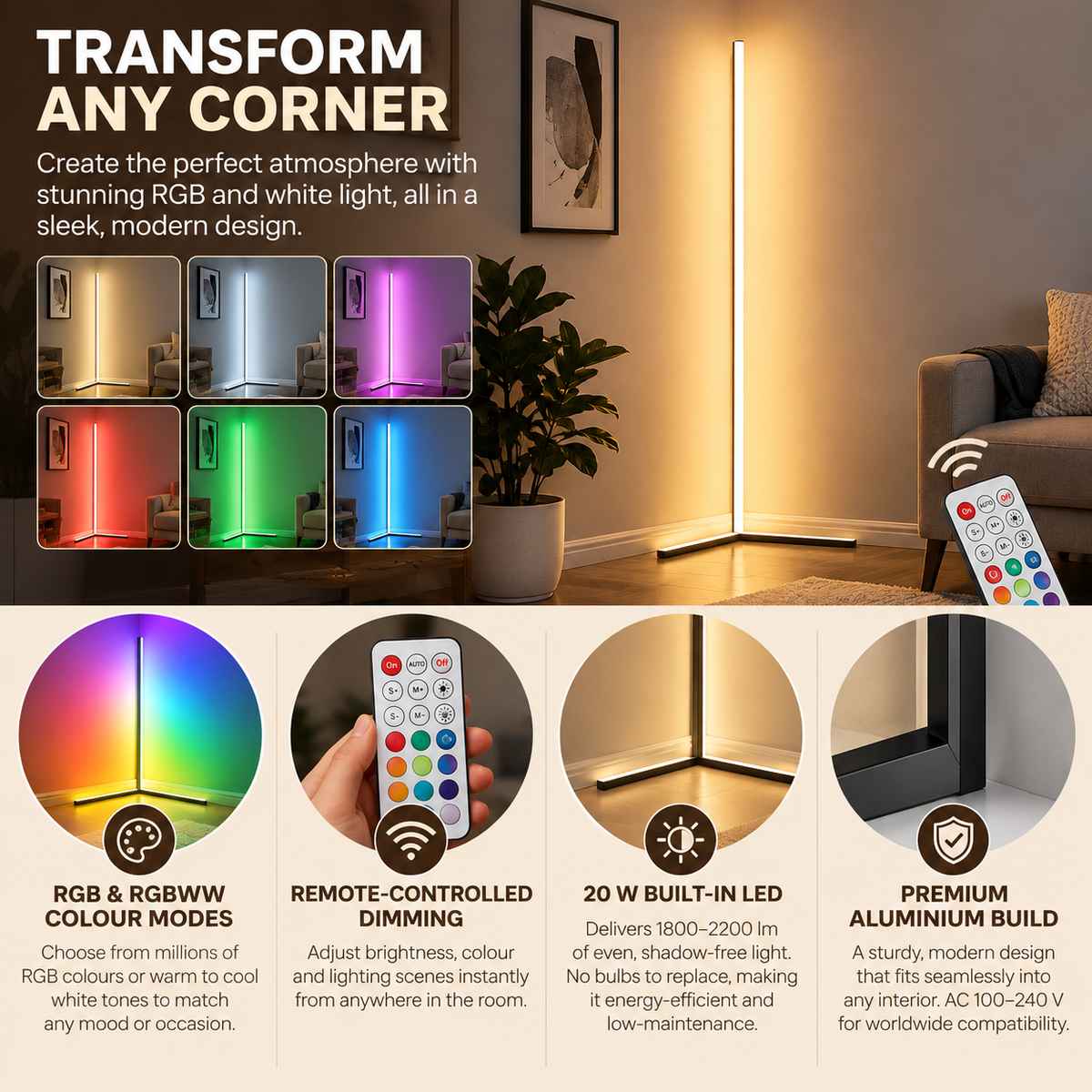 Floor Lamp Indoor | LED Corner Light, RGB, Dimmable | Aluminium