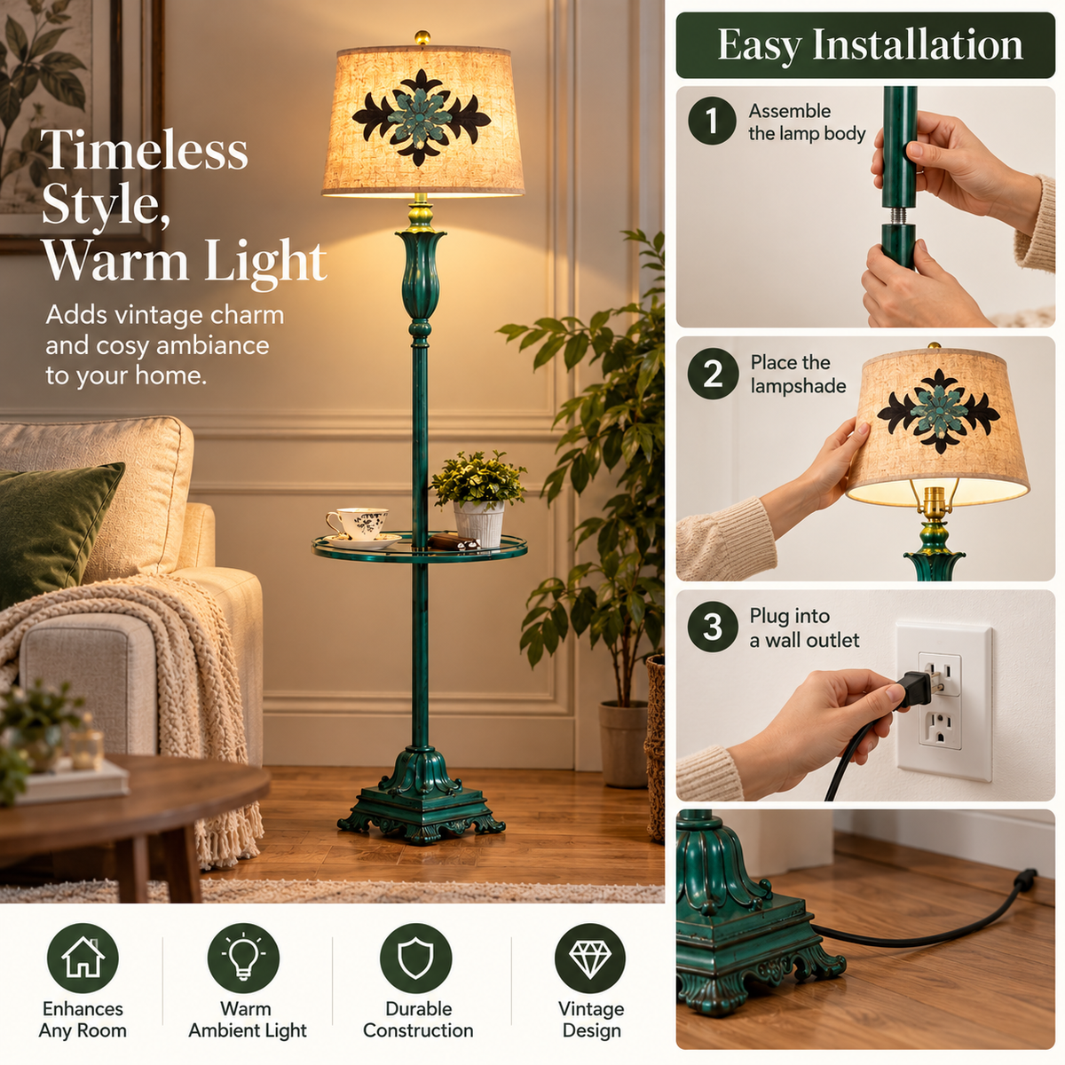 Floor Lamp | Vintage Green, Metal & Resin, Table Style | Living Room