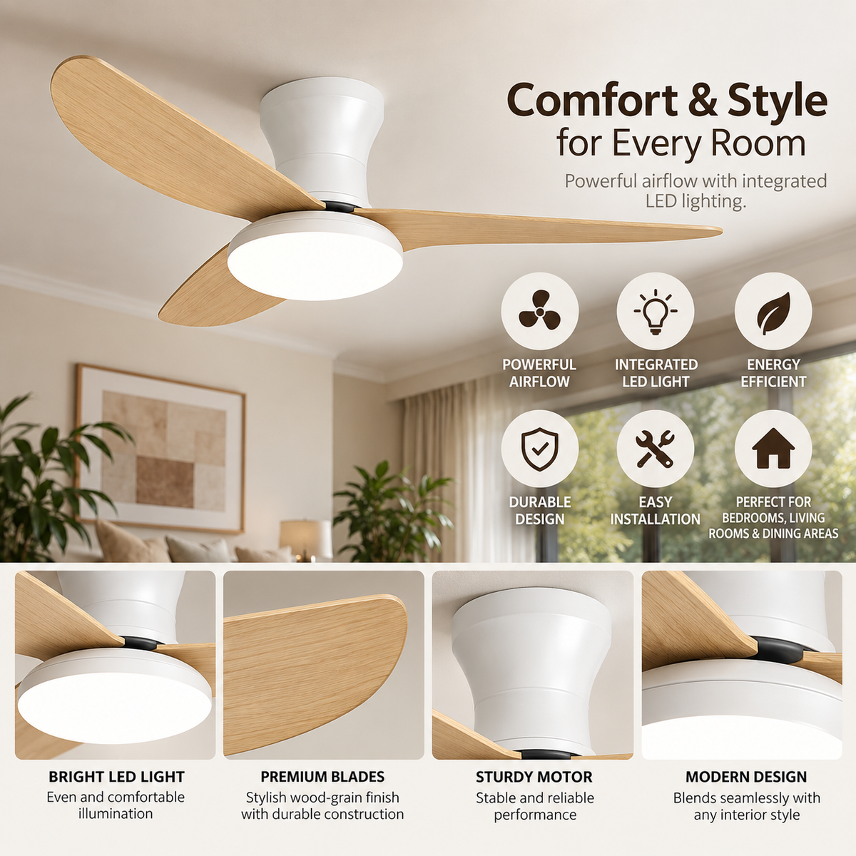 Ceiling Fan with LED Light | High Wind Power, Integrated Indoor Fan
