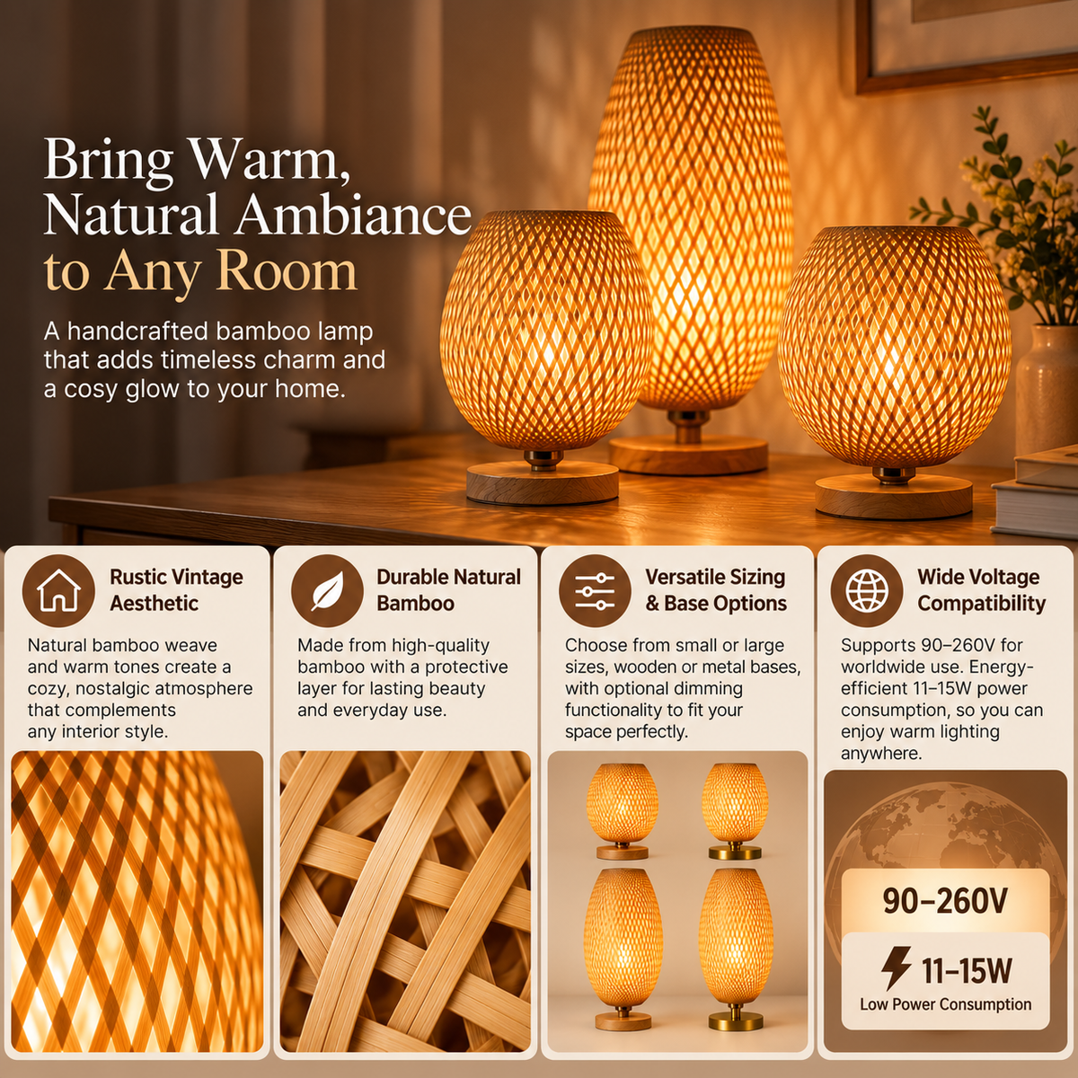 Bamboo Table Lamp | Vintage Rustic Design | Natural Bamboo, Warm Light