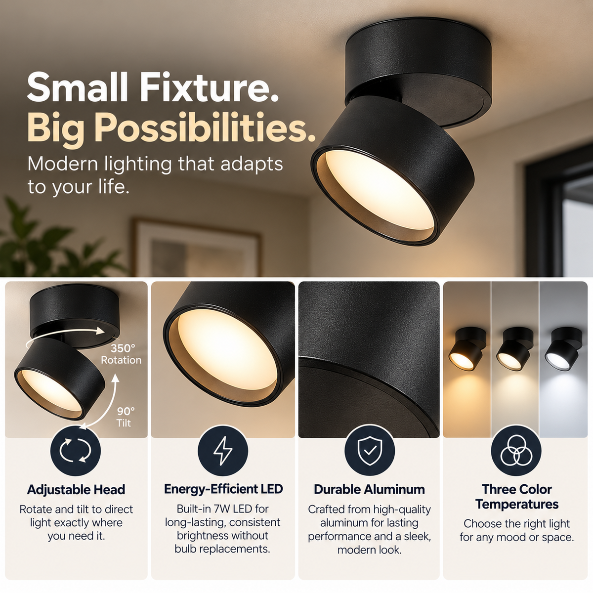 Flush Mount Ceiling Light | Modern LED, Adjustable Head | Aluminum