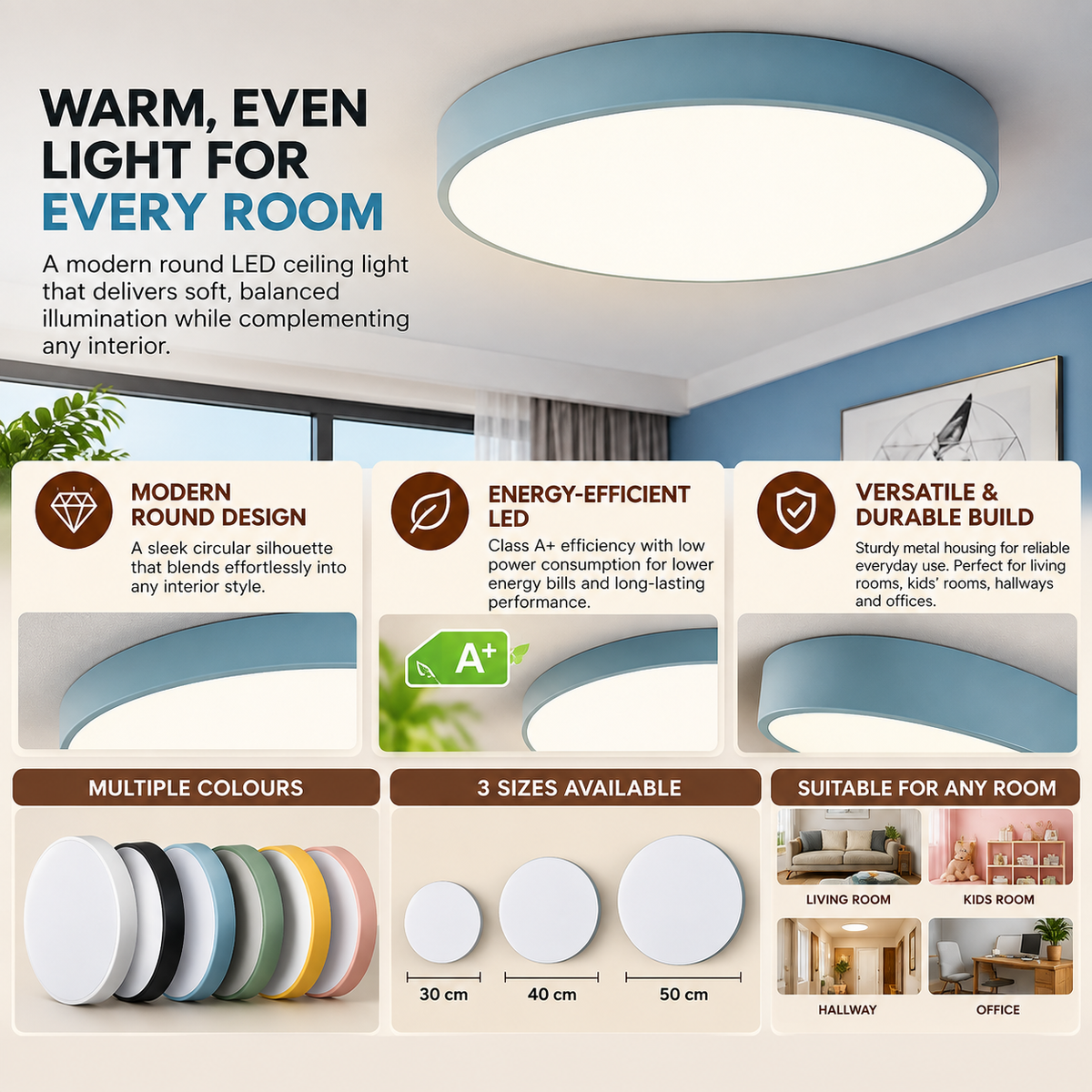Round LED Ceiling Light | Modern, Energy-Efficient | Living Room, Kids Room