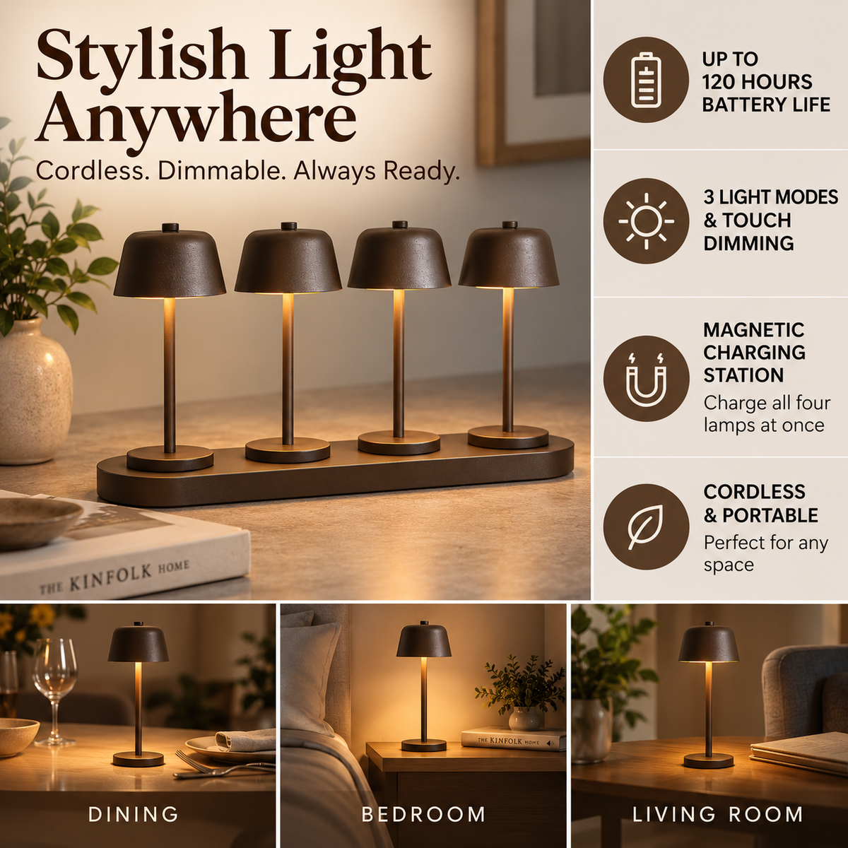 Rechargeable Table Lamps | 4-Pack with Magnetic Charging Station