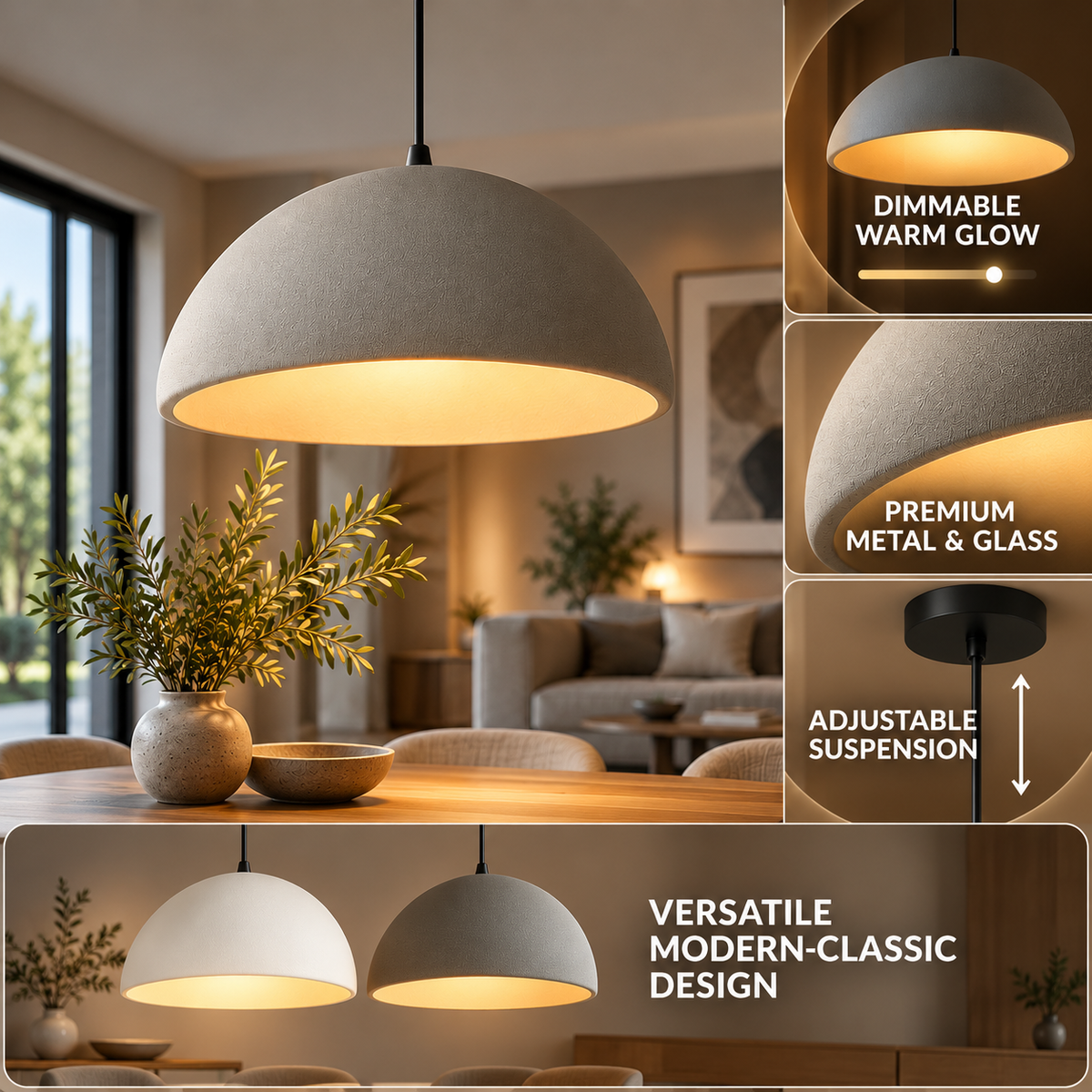 Pendant Light | Dimmable Warm Glow, Metal & Glass | Ceiling Lamp