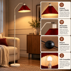 Floor Lamp | Pleated Fabric Shade, Minimalist Standing Lamp | Living Room, Bedroom