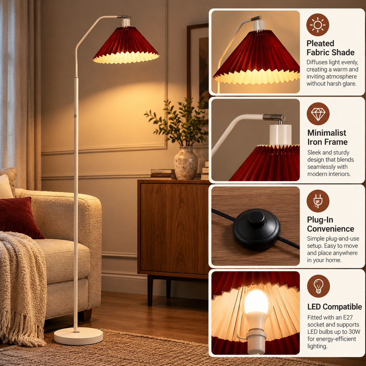 Floor Lamp | Pleated Fabric Shade, Minimalist Standing Lamp | Living Room, Bedroom