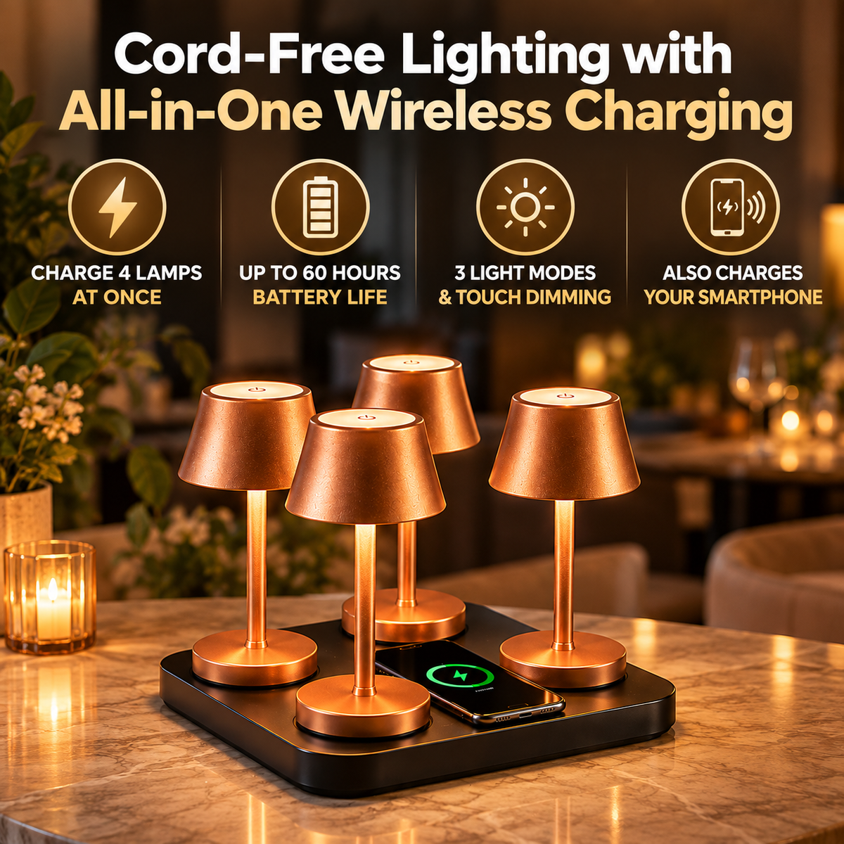 Rechargeable Table Lamps | Copper, Wireless Charging Station | Set of 4