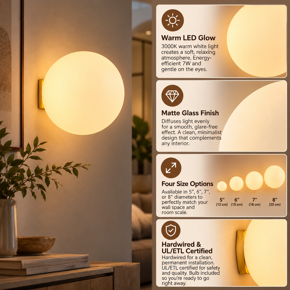 Glass Wall Light | Modern LED, Warm Glow, Hardwired | Living Room & Bedroom