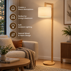 Floor Lamp | Japanese Right Angle Arm, Beige | Wood & Fabric