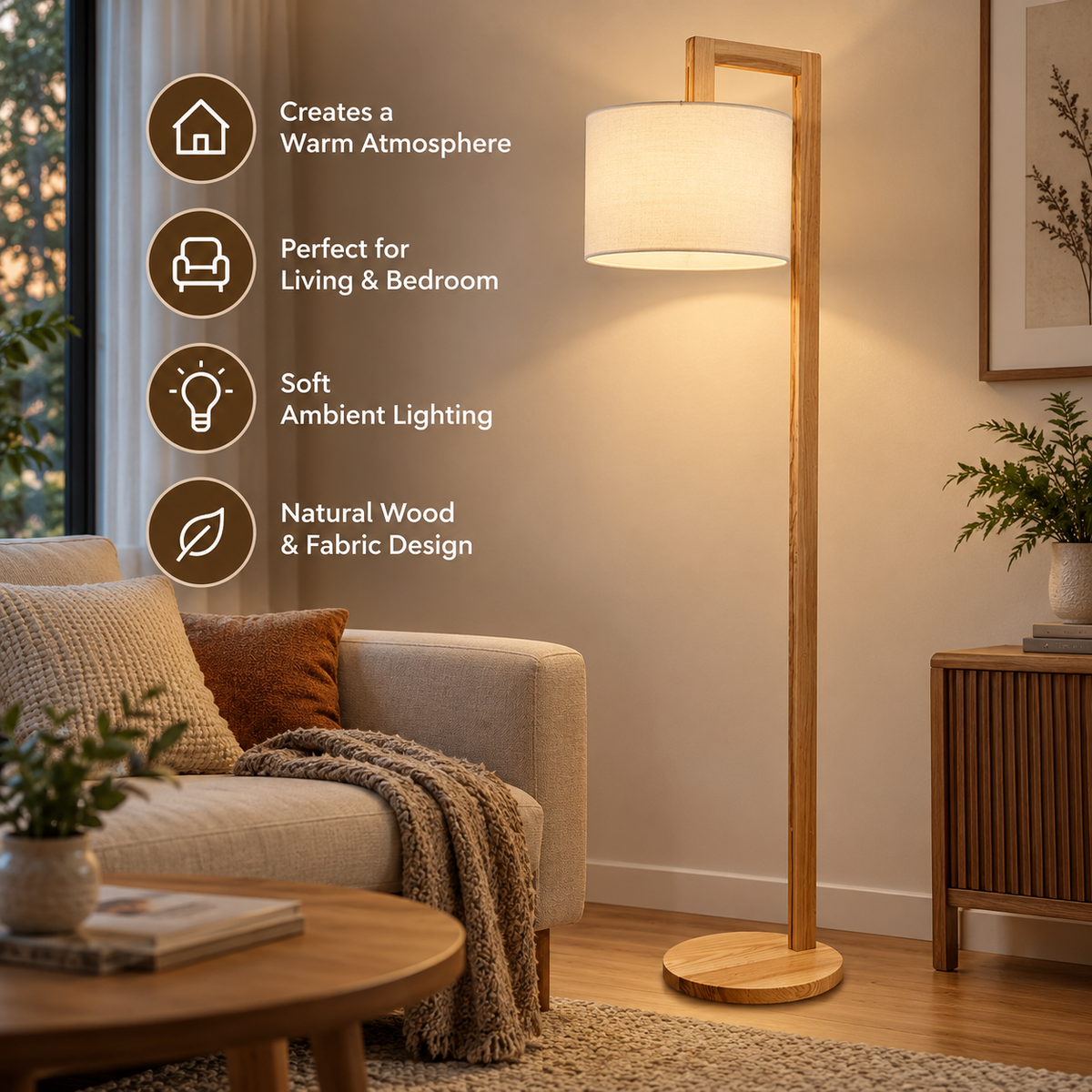 Floor Lamp | Japanese Right Angle Arm, Beige | Wood & Fabric