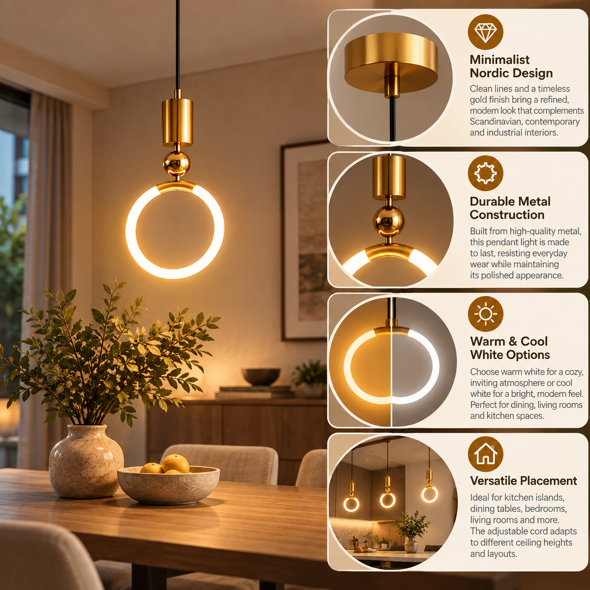 Brass Pendant Light | Minimalist Nordic Kitchen Island Hanging Lamp | Gold Metal