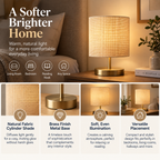 Table Lamp | Natural Fabric Shade, Brass Base | Cylinder, Warm Light