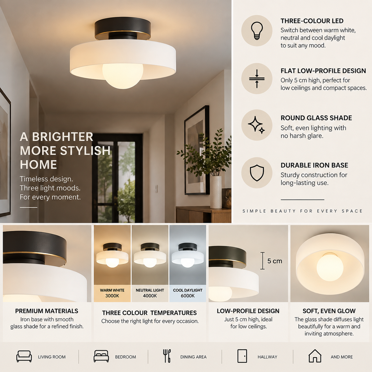 Ceiling Light | Round Glass Shade, Bauhaus LED, 3 Colour Temps