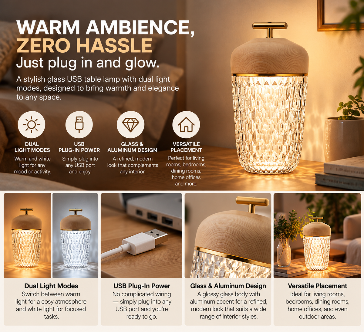 Glass USB Table Lamp | Modern, Warm & White Light | Living Room, Bedroom