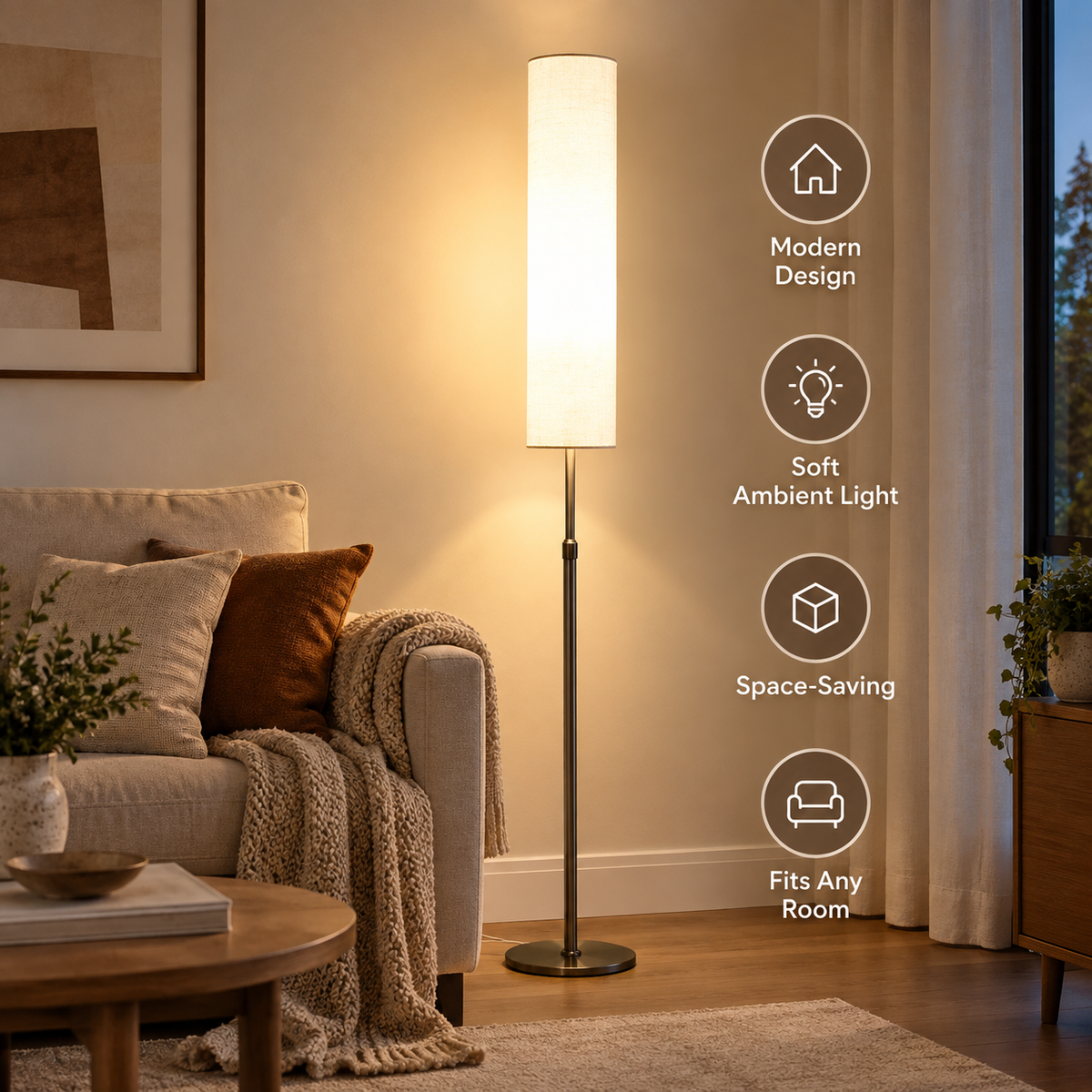 Floor Lamp | White Cylindrical, Metal & Fabric, 180cm | Minimalist