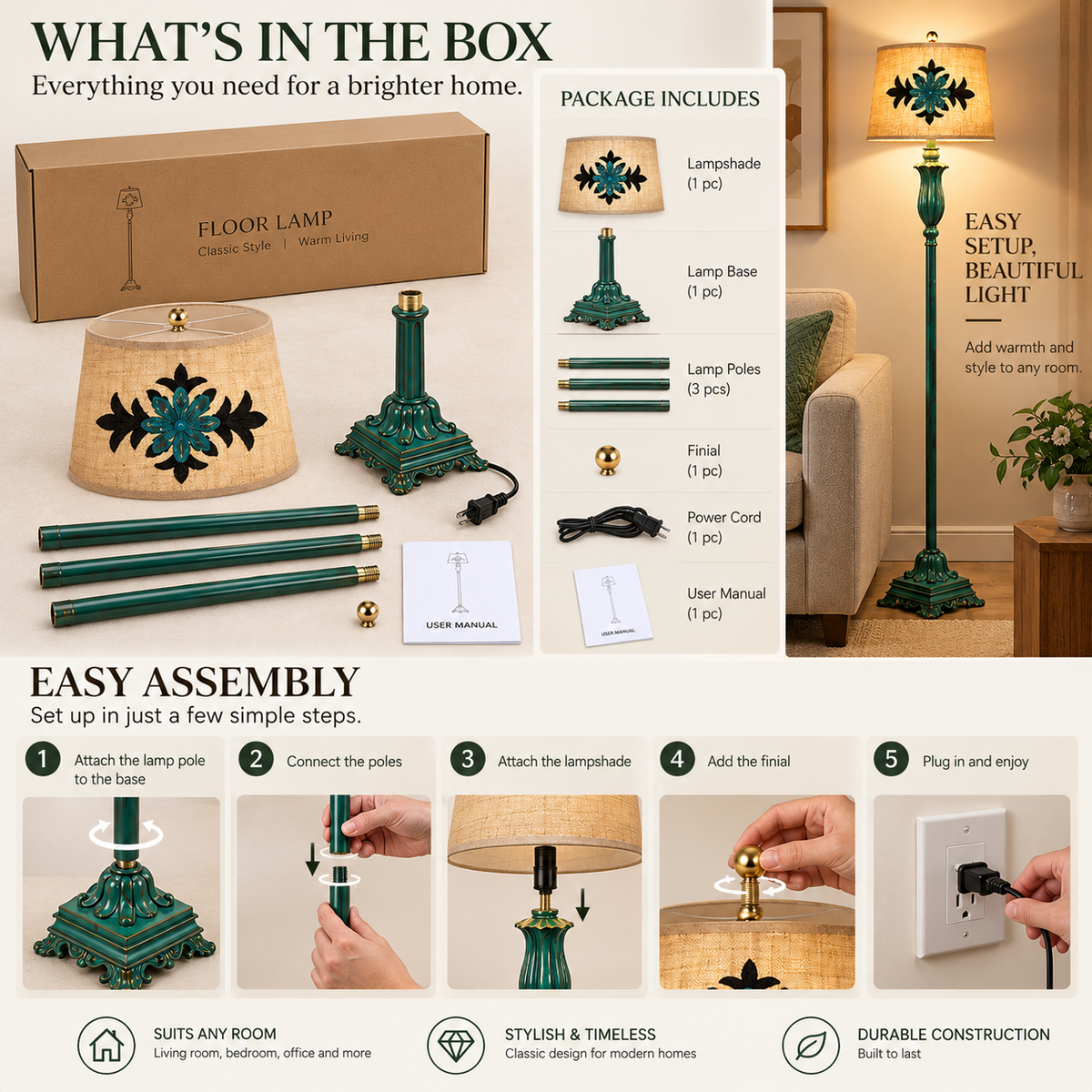 Floor Lamp | Vintage Green, Metal & Resin, Table Style | Living Room