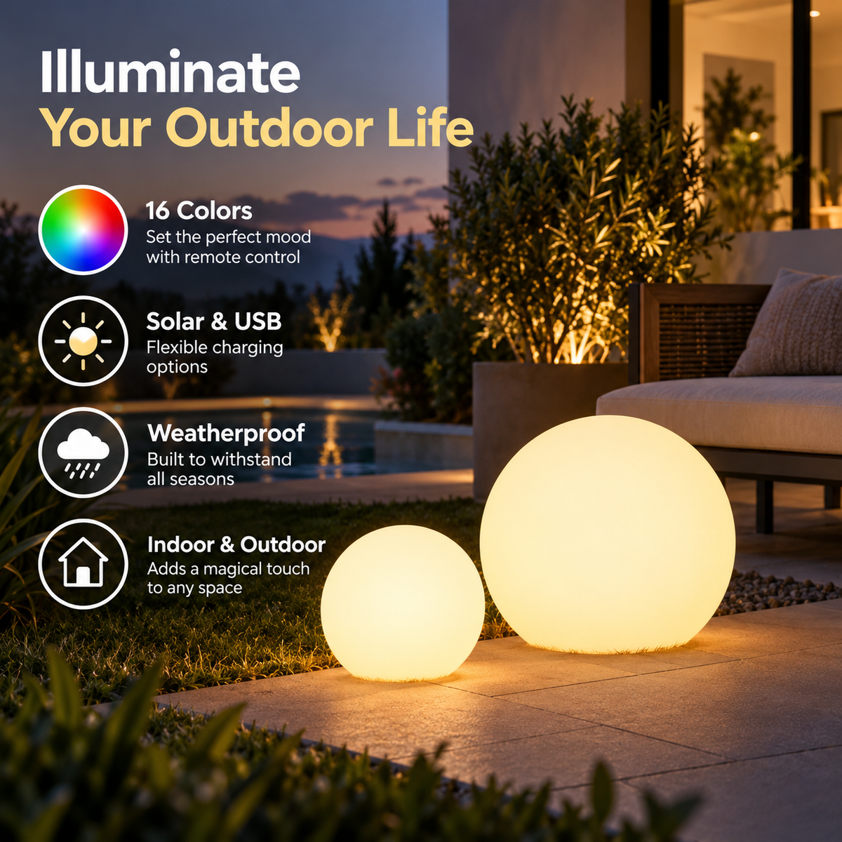 Spherical Garden Light | 16 Colors, Remote Control | Solar & USB, Weatherproof