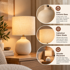 Ceramic Table Lamp | Ivory, Cylindrical Fabric Shade | Warm Light